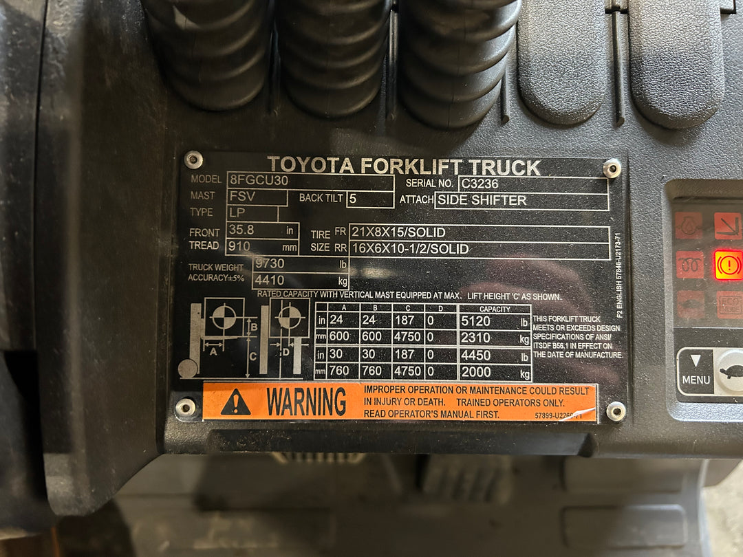 Used forklift for sale in Vaughan | 2021 TOYOTA 6000 LB IC Cushion Forklift | Model: 8FGCU30