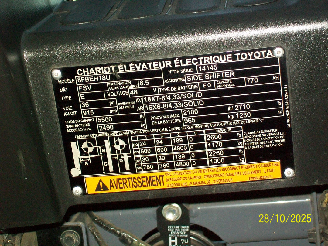 Used forklift for sale in Lachine | 2017 TOYOTA 3,500 LB 3-Wheel Electric Forklift Longbox | Model: 8FBEH18U