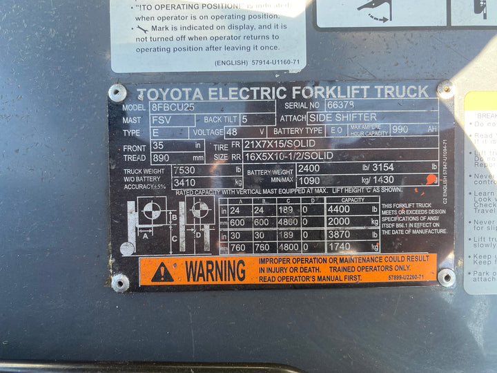 Used forklift for sale in Kitchener | 2014 TOYOTA 5,000 LB Electric Cushion Forklift | Model: 8FBCU25