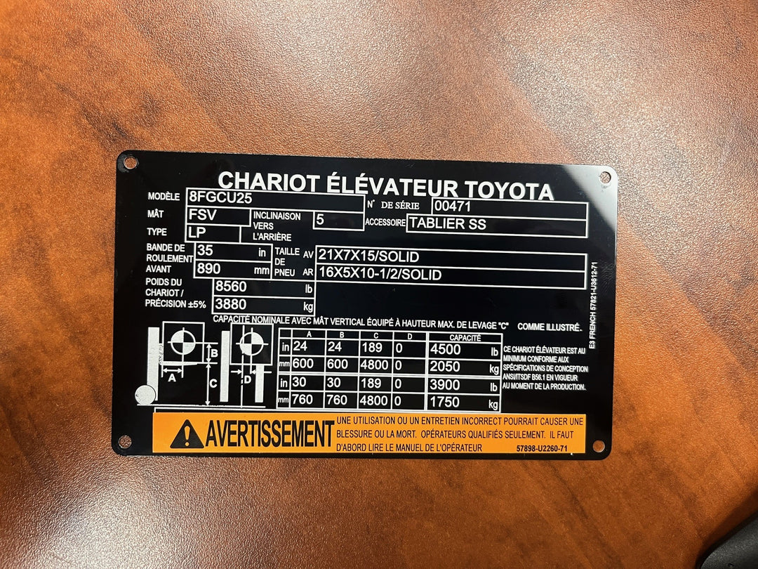 Used forklift for sale in Lachine | 2019 TOYOTA 5000 LB IC Cushion Forklift | Model: 8FGCU25