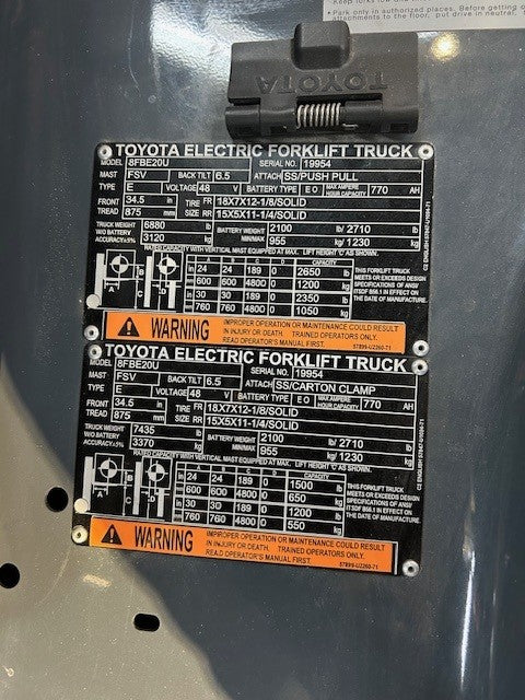 Used forklift for sale in Moncton | 2020 TOYOTA 4,000 LB 3-Wheel Electric Forklift | Model: 8FBE20U