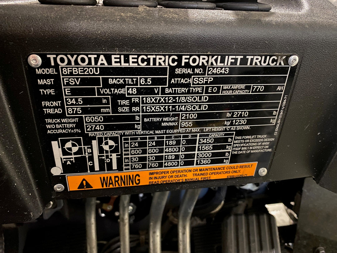 Used forklift for sale in Hamilton | 2022 TOYOTA 4000 LB 3-Wheel Electric Forklift | Model: 8FBE20U