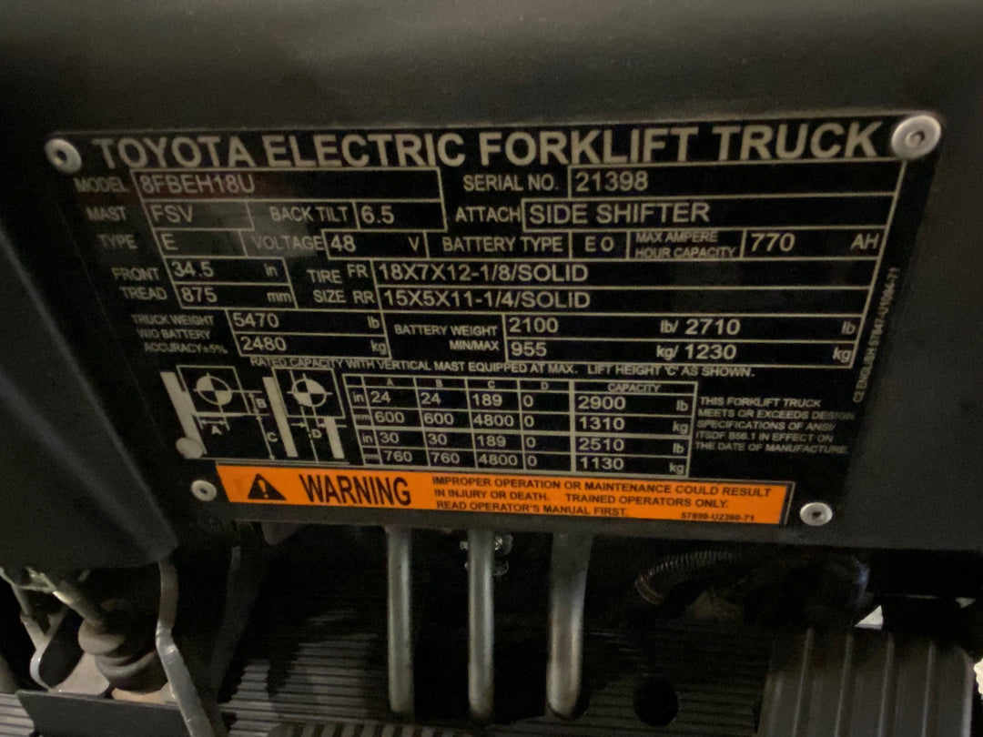 Used forklift for sale in Kitchener | 2021 TOYOTA 3,500 LB 3-Wheel Electric Forklift Longbox | Model: 8FBEH18U
