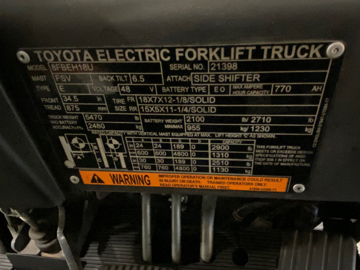 Used forklift for sale in Kitchener | 2021 TOYOTA 3,500 LB 3-Wheel Electric Forklift Longbox | Model: 8FBEH18U