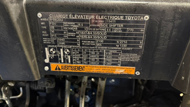 Used forklift for sale in Lachine | 2018 TOYOTA 4,000 LB 3-Wheel Electric Forklift | Model: 8FBE20U