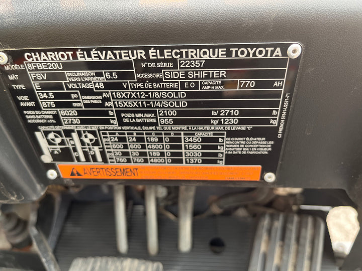 Used forklift for sale in Ottawa | 2021 TOYOTA 4,000 LB 3-Wheel Electric Forklift | Model: 8FBE20U