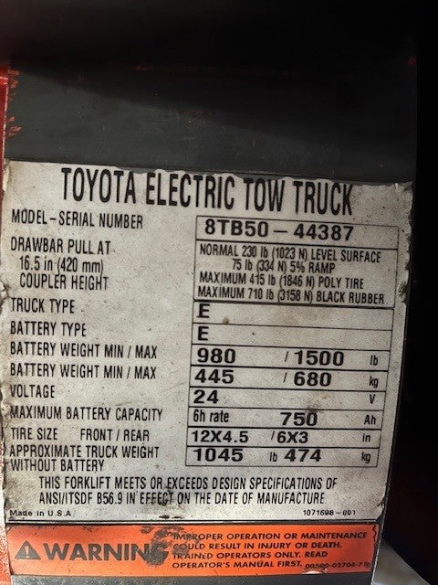 Used forklift for sale in London | 2019 TOYOTA 10000 LB Electric Tugger | Model: 8TB50