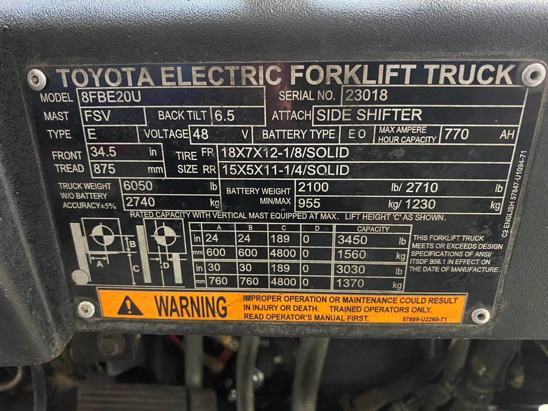Used forklift for sale in Barrie | 2021 TOYOTA 4,000 LB 3-Wheel Electric Forklift | Model: 8FBE20U