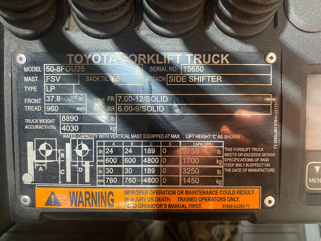 Used forklift for sale in Barrie | 2023 TOYOTA 5,000 LB IC Pneumatic Forklift | Model: 50-8FGU25