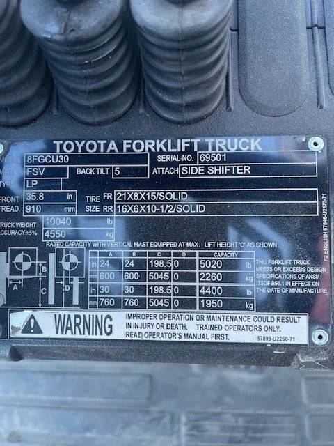 Used forklift for sale in Dartmouth | 2019 TOYOTA 6,000 LB IC Cushion Forklift | Model: 8FGCU30