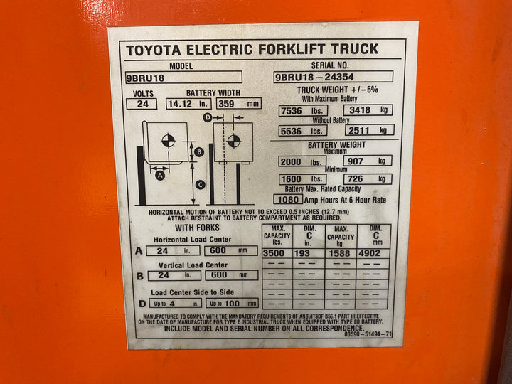 Used forklift for sale in Barrie | 2018 TOYOTA 3,500 LB Electric Reach Truck | Model: 9BR182S193