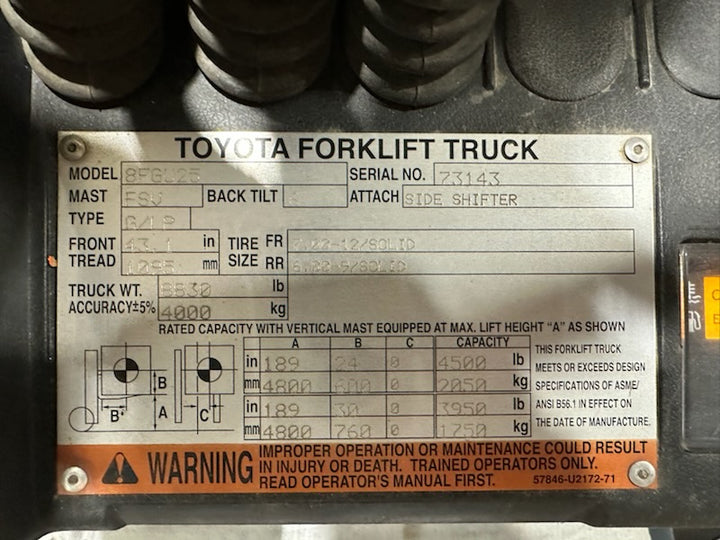 Used forklift for sale in Vermont | 2016 Toyota 2018 Toyota 5000 lbs capacity duel fuel Gas and Propane powered lift. | Model: 8FGU25