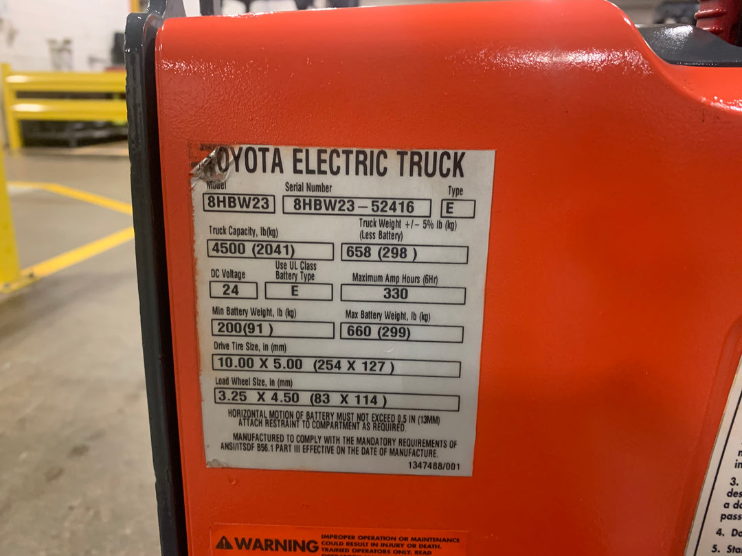 Used forklift for sale in Toronto | 2021 TOYOTA 4500 LB Electric Walkie Pallet Truck | Model: 8HBW23