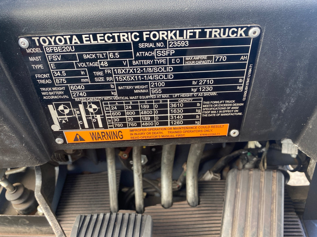 Used forklift for sale in Kitchener | 2021 TOYOTA 4,000 LB 3-Wheel Electric Forklift | Model: 8FBE20U