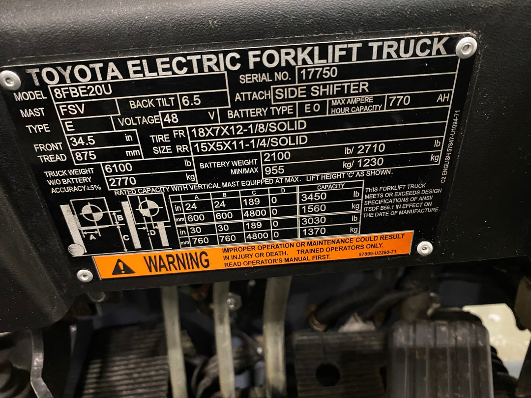 Used forklift for sale in Hamilton | 2019 TOYOTA 4000 LB 3-Wheel Electric Forklift | Model: 8FBE20U