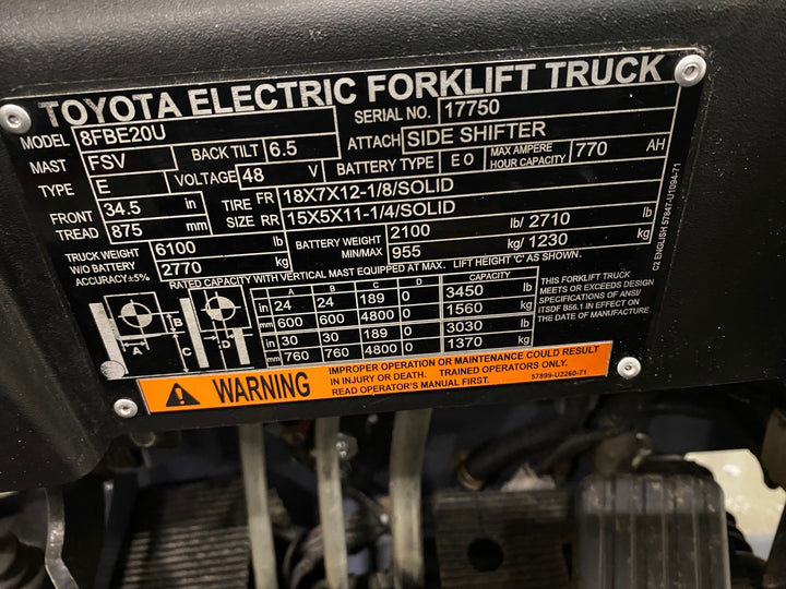 Used forklift for sale in Hamilton | 2019 TOYOTA 4000 LB 3-Wheel Electric Forklift | Model: 8FBE20U