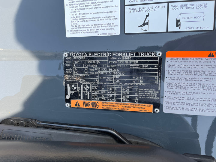 Used forklift for sale in Windsor | 2021 TOYOTA 5,000 LB Electric Cushion Forklift | Model: 8FBCU25