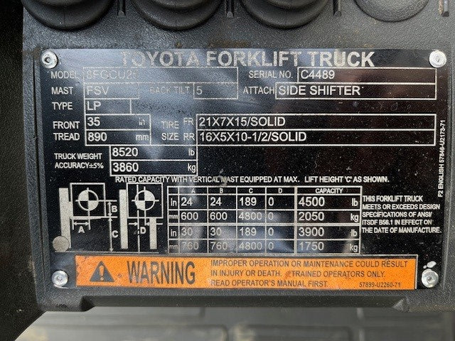 Used forklift for sale in London | 2020 TOYOTA 5,000 LB IC Cushion Forklift | Model: 8FGCU25