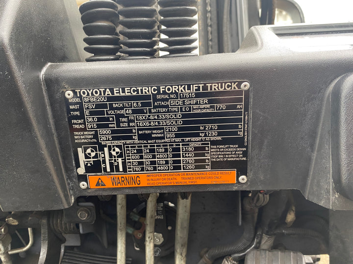 Used forklift for sale in Kitchener | 2019 TOYOTA 4,000 LB 3-Wheel Electric Forklift | Model: 8FBE20U