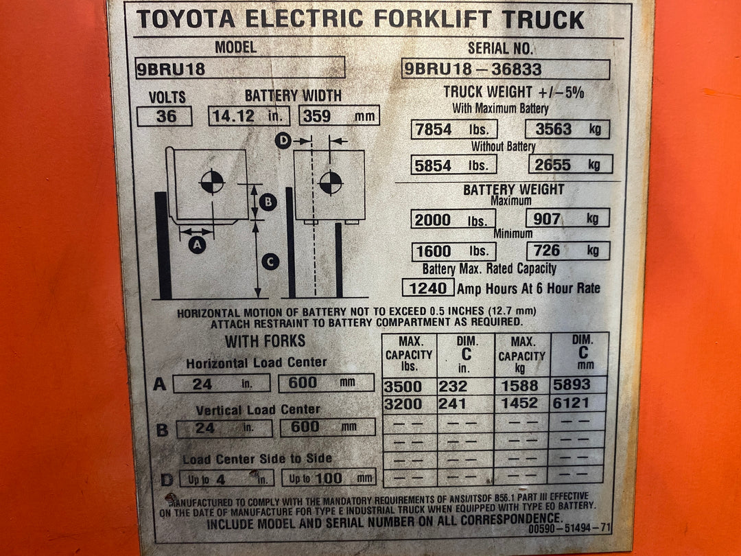 Used forklift for sale in Barrie | 2016 TOYOTA 3,500 LB Electric Reach Truck | Model: 9BR183S241