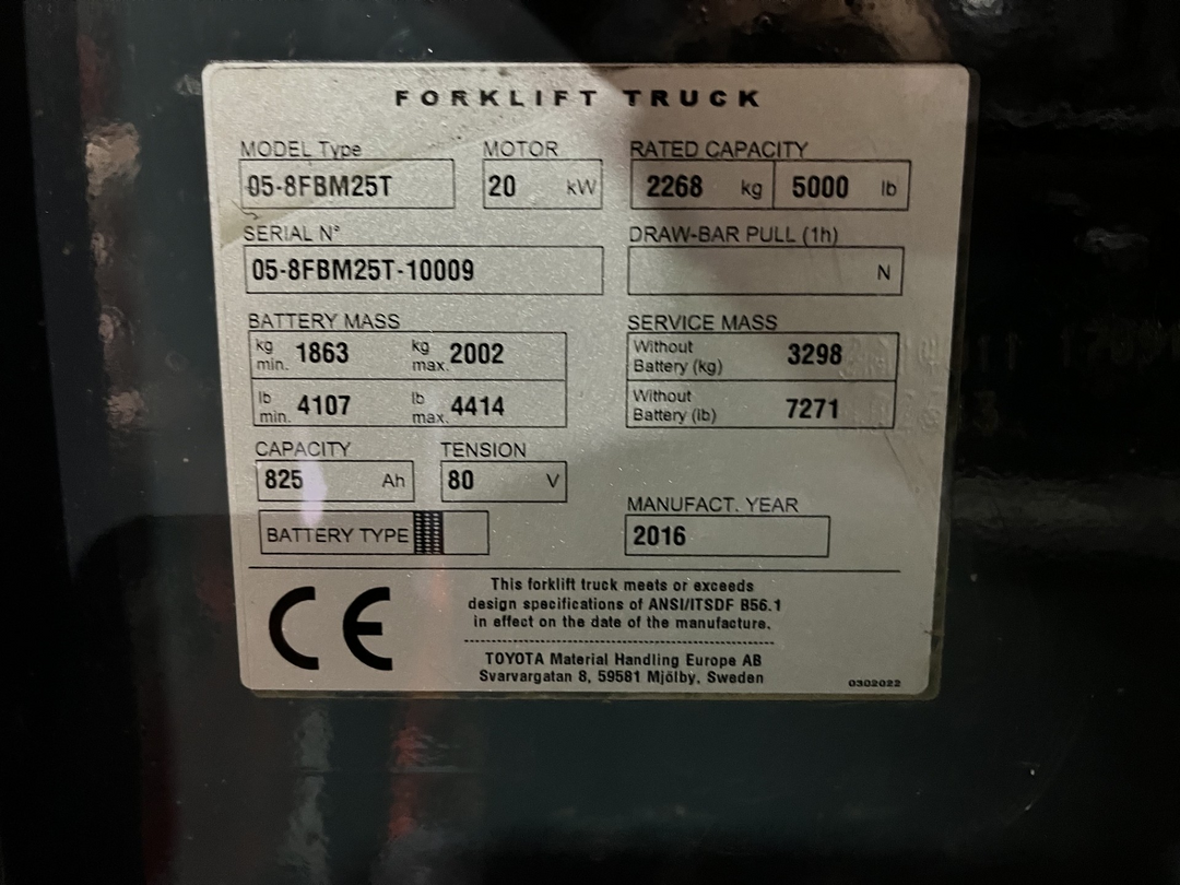 Used forklift for sale in Boucherville | 2016 TOYOTA 5,000 LB Electric Pneumatic Forklift | Model: 05-8FBM25T