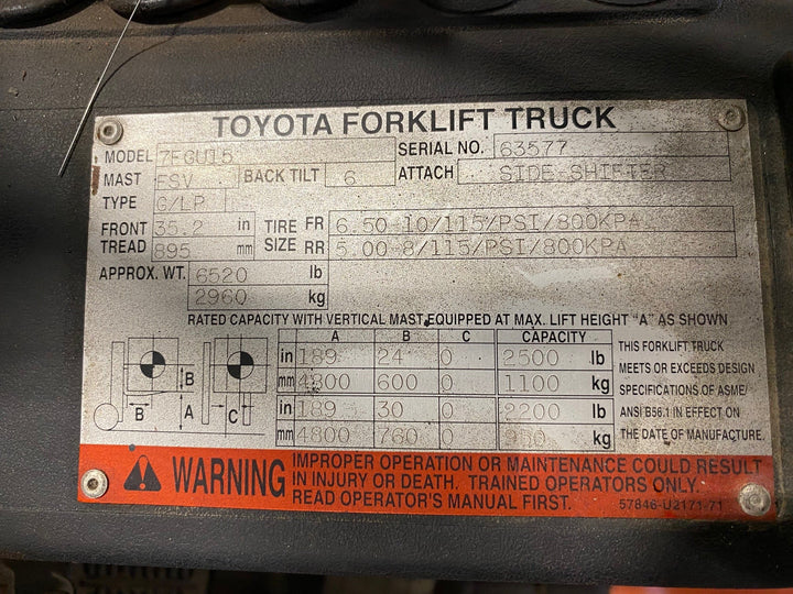 Used forklift for sale in Ajax | 2003 TOYOTA 3000 LB IC Pneumatic Forklift | Model: 7FGU15