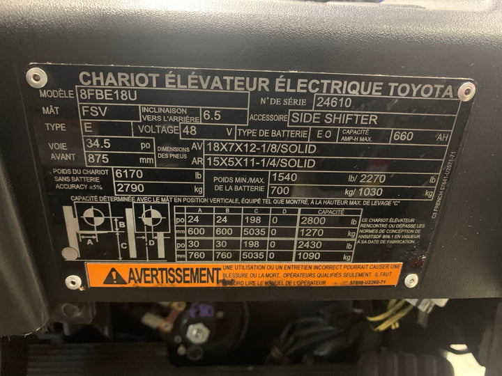 Used forklift for sale in Quebec | 2022 TOYOTA 3,500 LB 3-Wheel Electric Forklift | Model: 8FBE18U