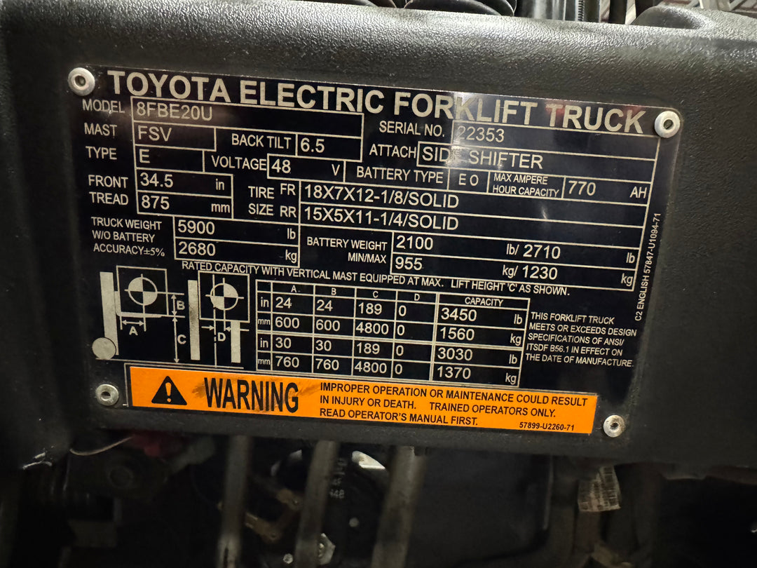 Used forklift for sale in Vaughan | 2021 TOYOTA 4,000 LB 3-Wheel Electric Forklift | Model: 8FBE20U