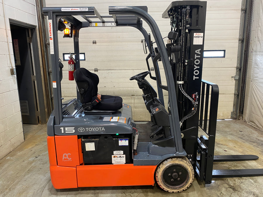 Used forklift for sale in Barrie | 2021 TOYOTA 3000 LB 3-Wheel Electric Forklift | Model: 8FBE15U