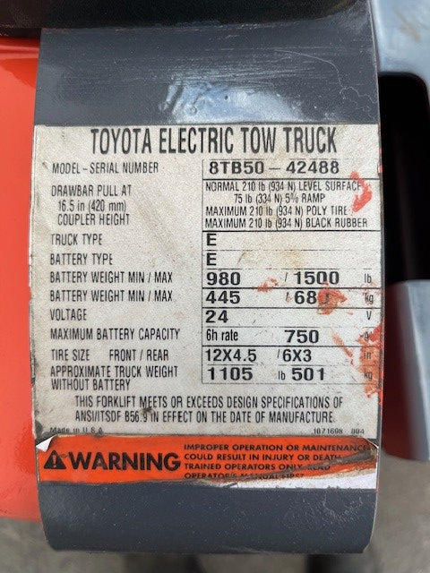 Used forklift for sale in London | 2016 TOYOTA 10,000 LB Electric Tugger | Model: 8TB50