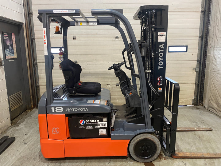 Used forklift for sale in Barrie | 2021 TOYOTA 3,500 LB 3-Wheel Electric Forklift | Model: 8FBE18U