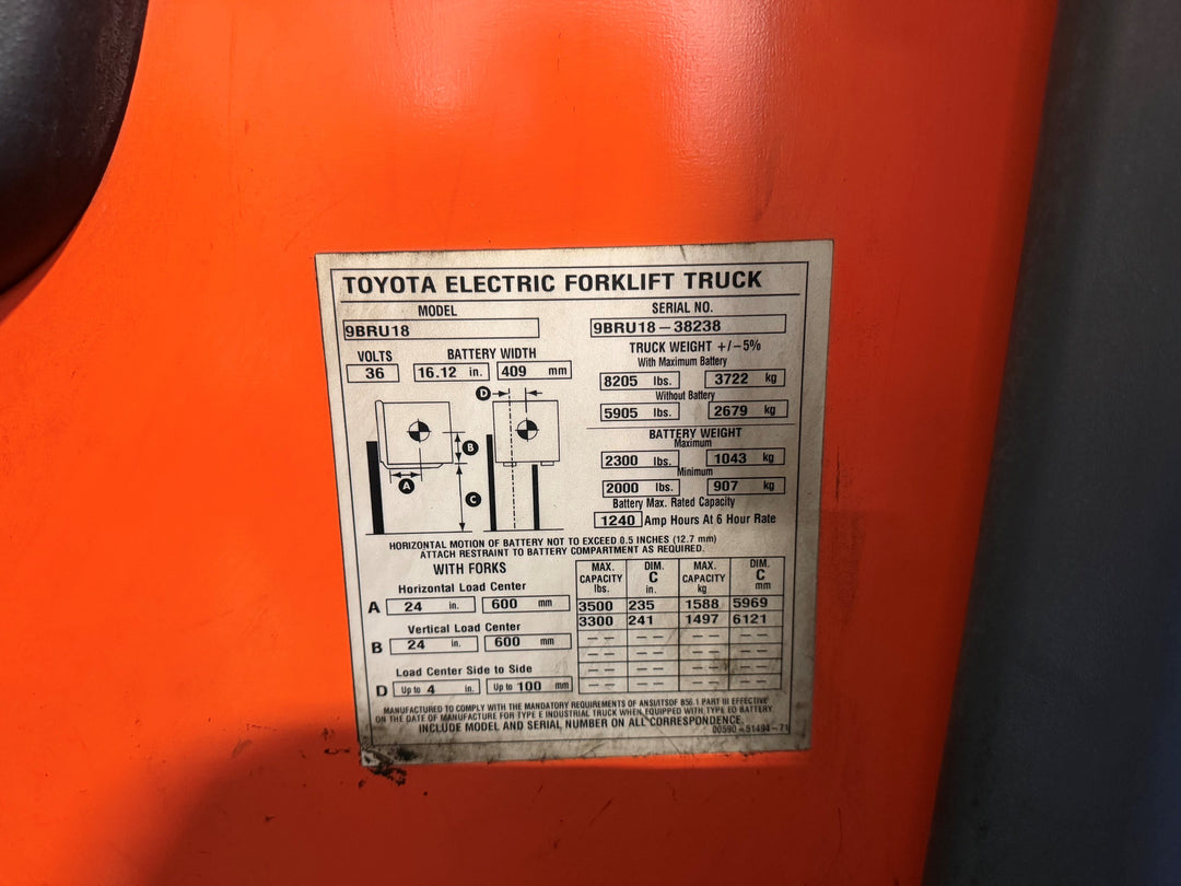 Used forklift for sale in Vaughan | 2018 TOYOTA 3,500 LB Electric Reach Truck | Model: 9BR183M241