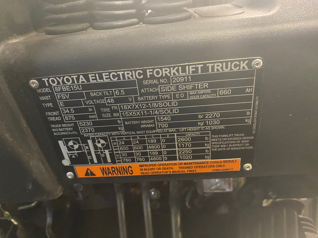 Used forklift for sale in Vaughan | 2021 TOYOTA 3,000 LB 3-Wheel Electric Forklift | Model: 8FBE15U