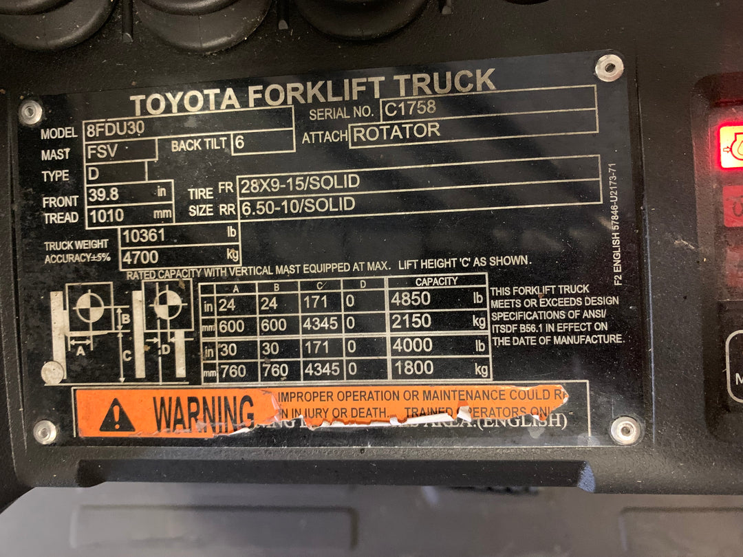 Used forklift for sale in Toronto | 2021 TOYOTA 6000 LB Diesel Pneumatic Forklift | Model: 8FDU30