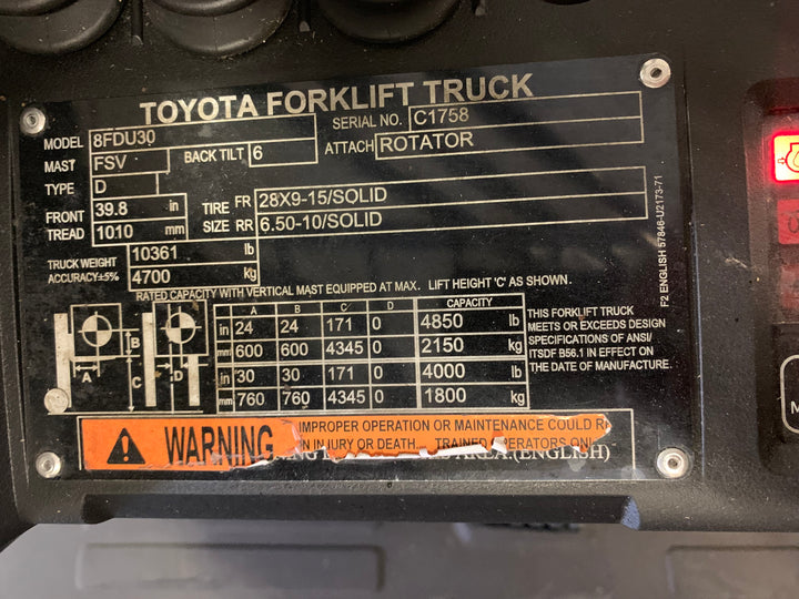 Used forklift for sale in Toronto | 2021 TOYOTA 6000 LB Diesel Pneumatic Forklift | Model: 8FDU30
