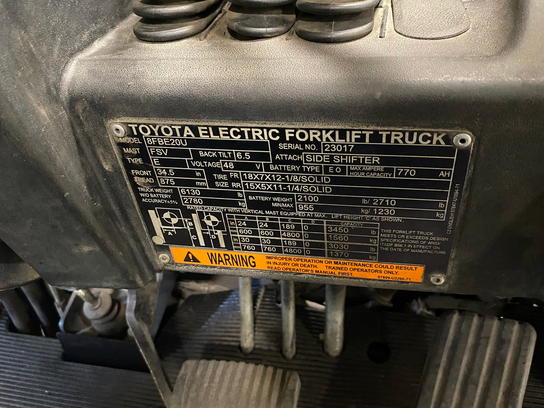 Used forklift for sale in Ajax | 2021 TOYOTA 4,000 LB 3-Wheel Electric Forklift | Model: 8FBE20U