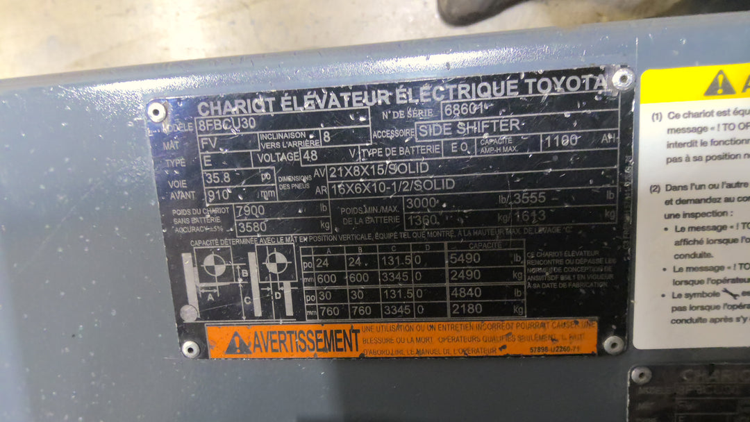 Used forklift for sale in Lachine | 2019 TOYOTA 6,000 LB Electric Cushion Forklift | Model: 8FBCU30