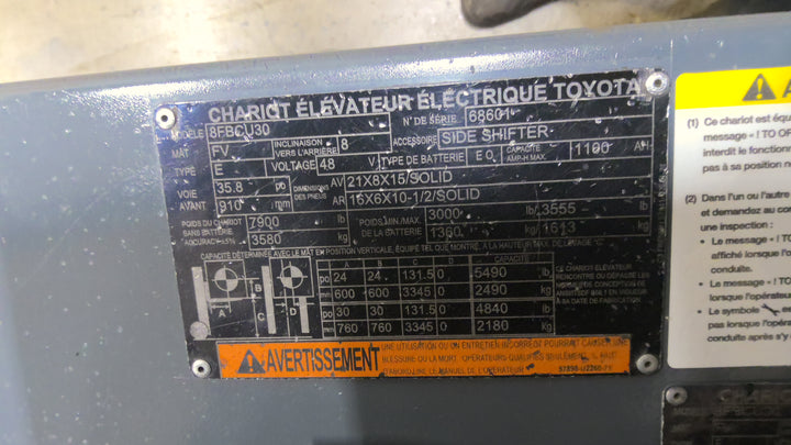 Used forklift for sale in Lachine | 2019 TOYOTA 6,000 LB Electric Cushion Forklift | Model: 8FBCU30