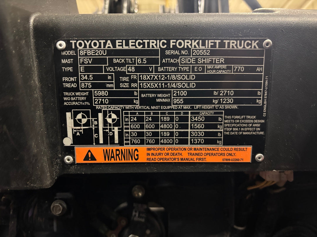Used forklift for sale in Toronto | 2020 TOYOTA 4000 LB 3-Wheel Electric Forklift | Model: 8FBE20U