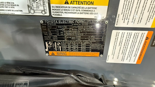 Used forklift for sale in Lachine | 2019 TOYOTA 5,000 LB Electric Cushion Forklift | Model: 8FBCU25