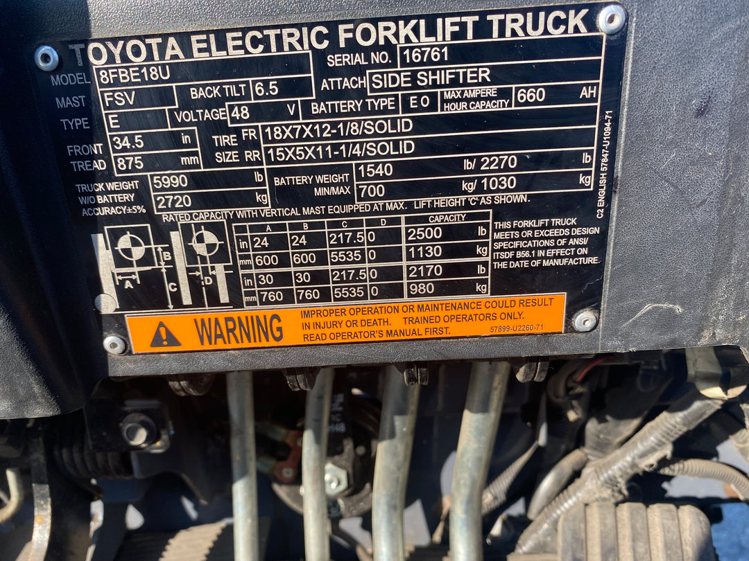 Used forklift for sale in Kitchener | 2019 TOYOTA 3,500 LB 3-Wheel Electric Forklift | Model: 8FBE18U