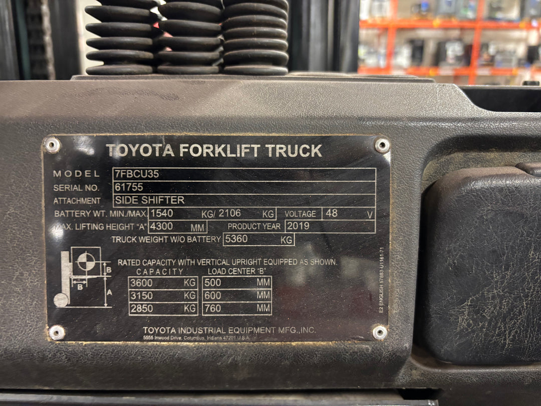Used forklift for sale in Toronto | 2019 TOYOTA 8,000 LB Electric Cushion Forklift | Model: 7FBCU35
