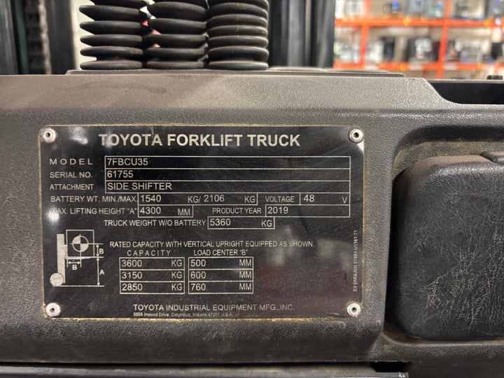 Used forklift for sale in Toronto | 2019 TOYOTA 8,000 LB Electric Cushion Forklift | Model: 7FBCU35