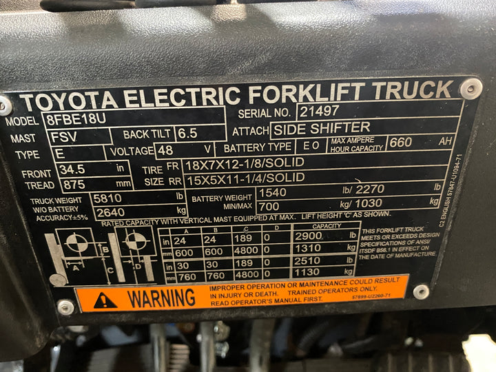 Used forklift for sale in Barrie | 2021 TOYOTA 3,500 LB 3-Wheel Electric Forklift | Model: 8FBE18U
