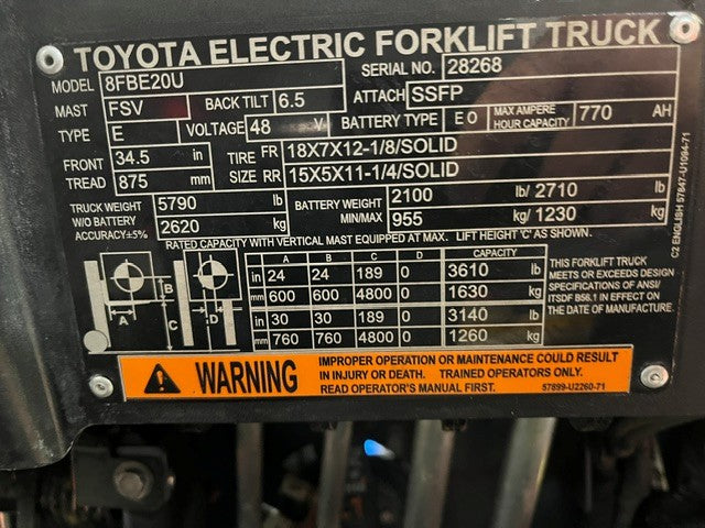 Used forklift for sale in London | 2022 TOYOTA 4,000 LB 3-Wheel Electric Forklift | Model: 8FBE20U