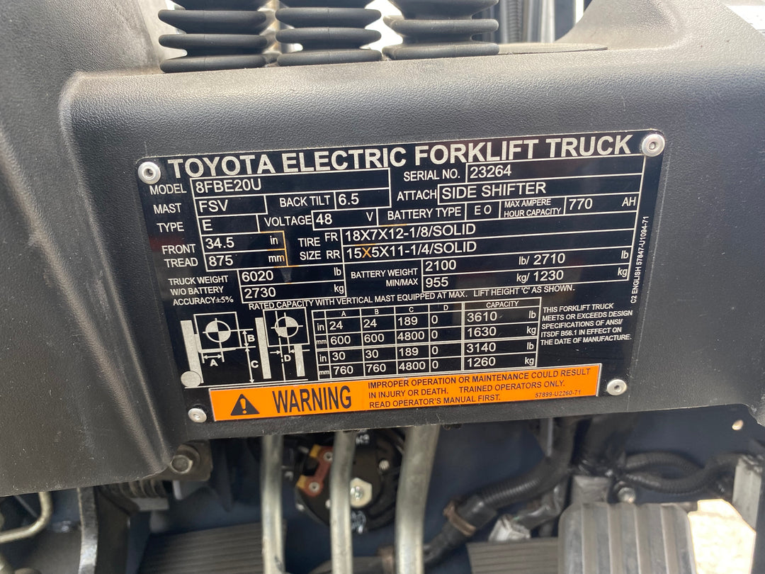 Used forklift for sale in Kitchener | 2021 TOYOTA 4,000 LB 3-Wheel Electric Forklift | Model: 8FBE20U